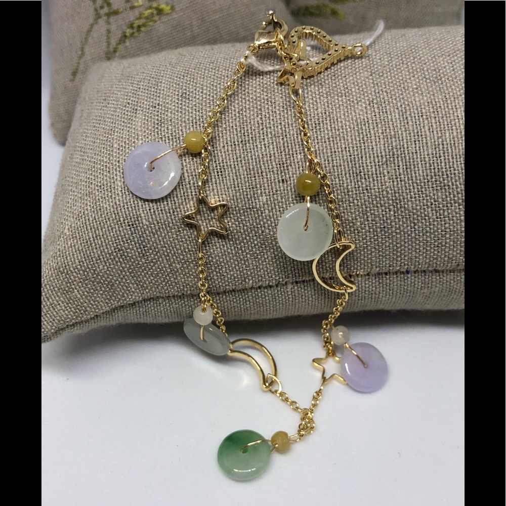 Beautiful multi color jade 14K gold bracelet
